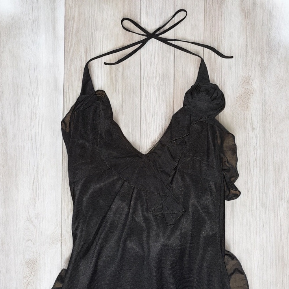 Black Ruffled Asymmetrical Dress with 3D Rose Detail - Picture 2 of 7